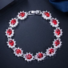 Silver Plated CZ Red Austrian Crystal Oval Flower Charm Bracelet for Women Gift