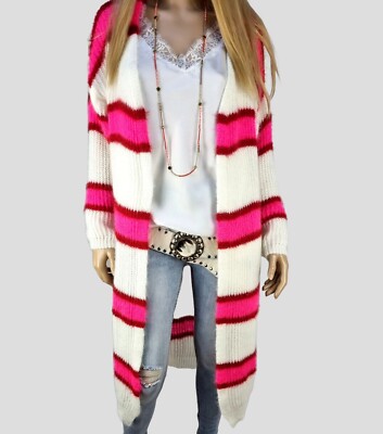 Italia Lagenlook Chaqueta Larga Abrigo Túnica Rayas Modernas Cómodo Blanco-Rosa