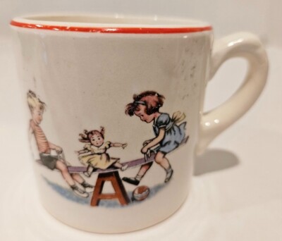 Child's Cup Boy & Girl on Seesaw~ Salem Furniture Co ~circa 1940s~Gold X Mark