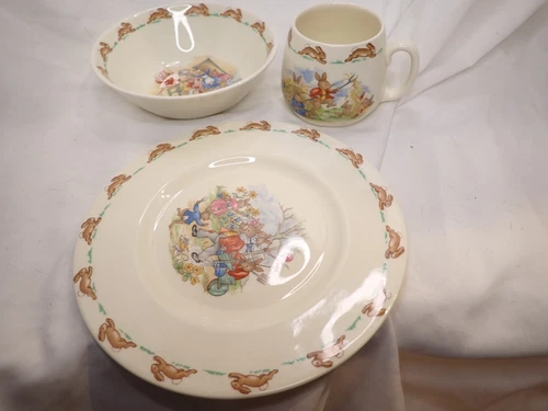 Set Of 3 Bunnykins Royal Doulton Vintage Rabbits Children Plate Bowl Cup Barbara