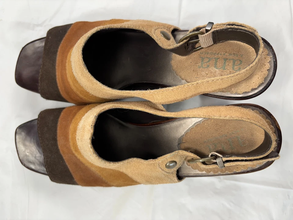 Zuecos inferiores madera patchwork gamuza A.N.A talla 10 plataforma, tachonados, retro Foto 3 de 4