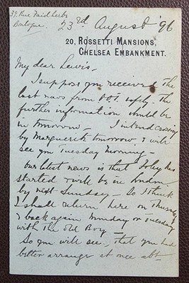 1896 20 Rossetti Villen Chelsea Brief geschrieben aus 37 Rue Faidherbe, Köln