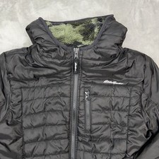 EDDIE BAUER Puffer Coat Boy's Large 14-16 Black Reversible Camo Fleece Lined Zip