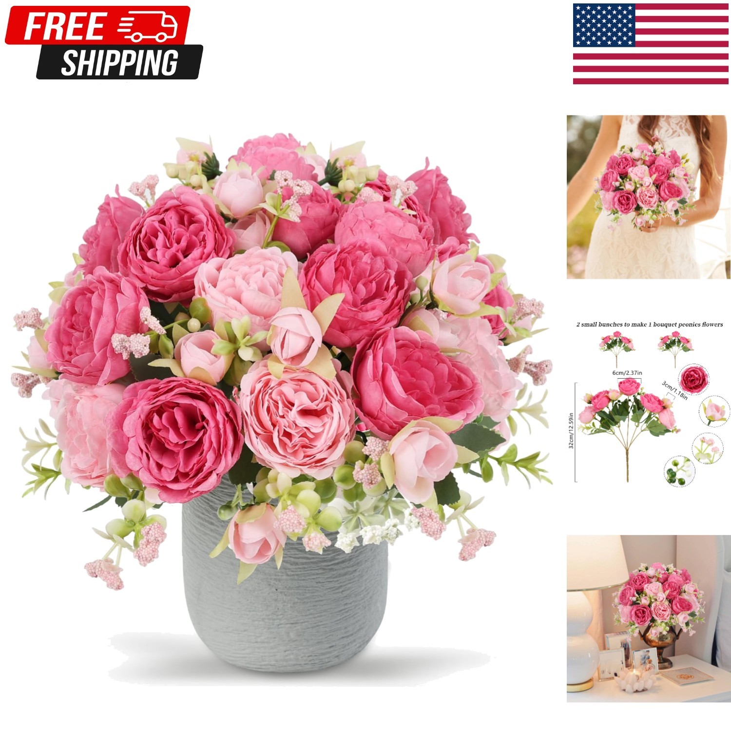 Artificial Flowers 2 Bundles Pink Artificial Peonies Fake Peony Bulk Silk Flo...