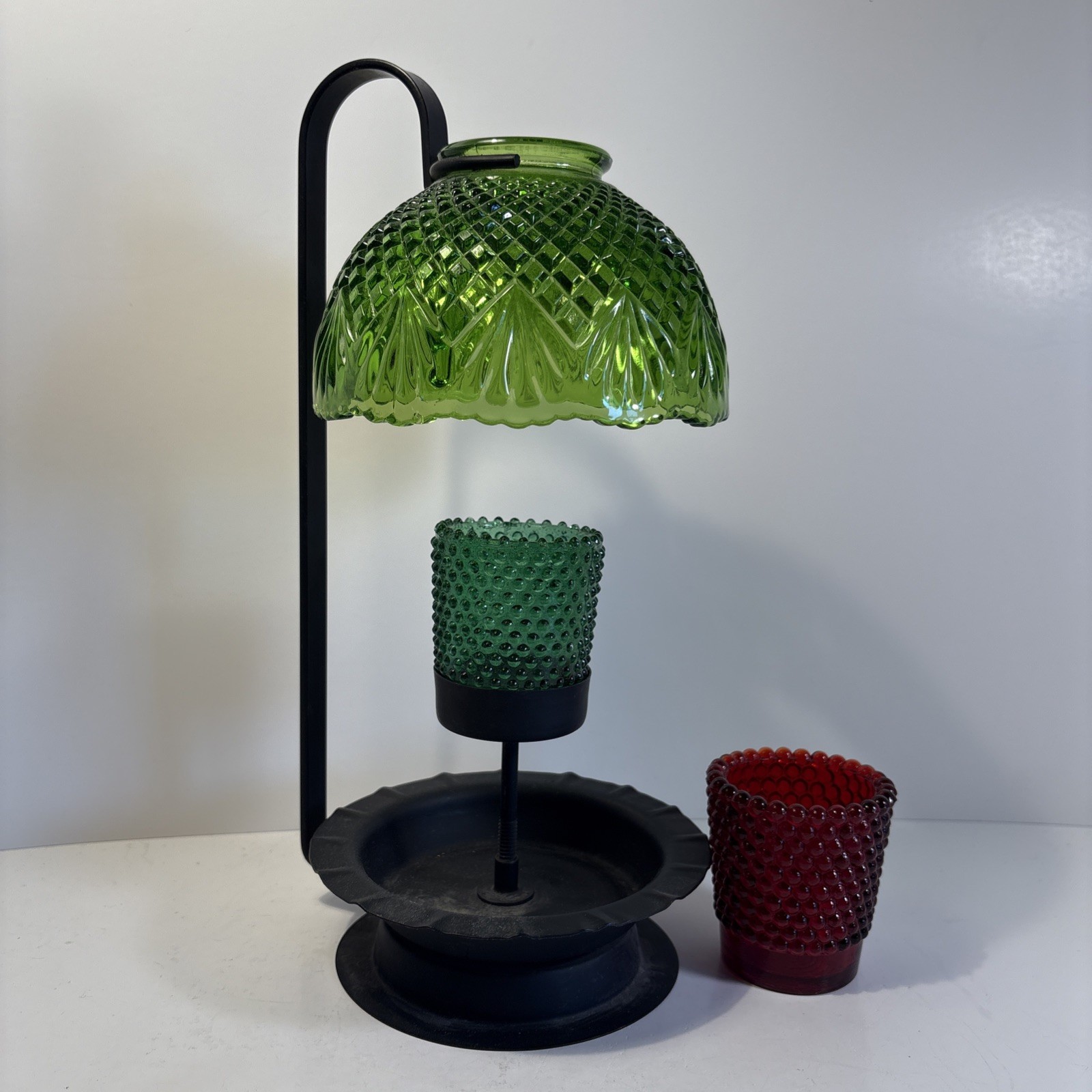 Vintage MCM Green Glass Candle Holder Centerpiece with 2 Votives 12 Inch Metal Base