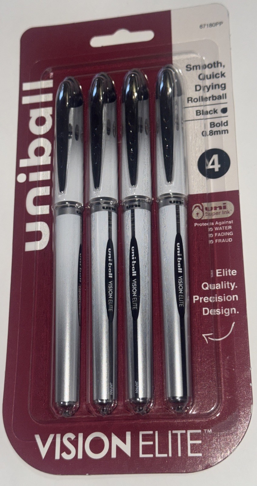 Uniball Vision Elite Rollerball Pens 0.8mm Bold Point - Black Ink - 4-Pack NEW