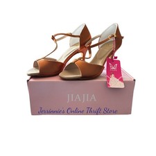 JIAJIA 20511 Womens Tan Satin T-Strap Ballroom Dance Shoes Heels Size 6.5 EU 37