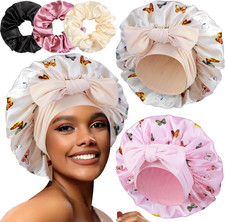 2 3 Large Satin Bonnets with Scrunchies for Women, Hair Bonnet Sleeping Tie Bonn