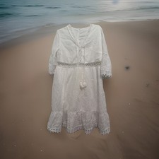 Womens 2XL White Eyelet Embroidered Dress Crochet Lace Boho Cottagecore Midi