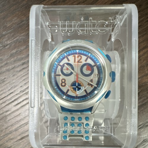 Swatch 16 Dots Quartz Chronograph 42mm Date White/Blue Dial Silver/Blue Band Box