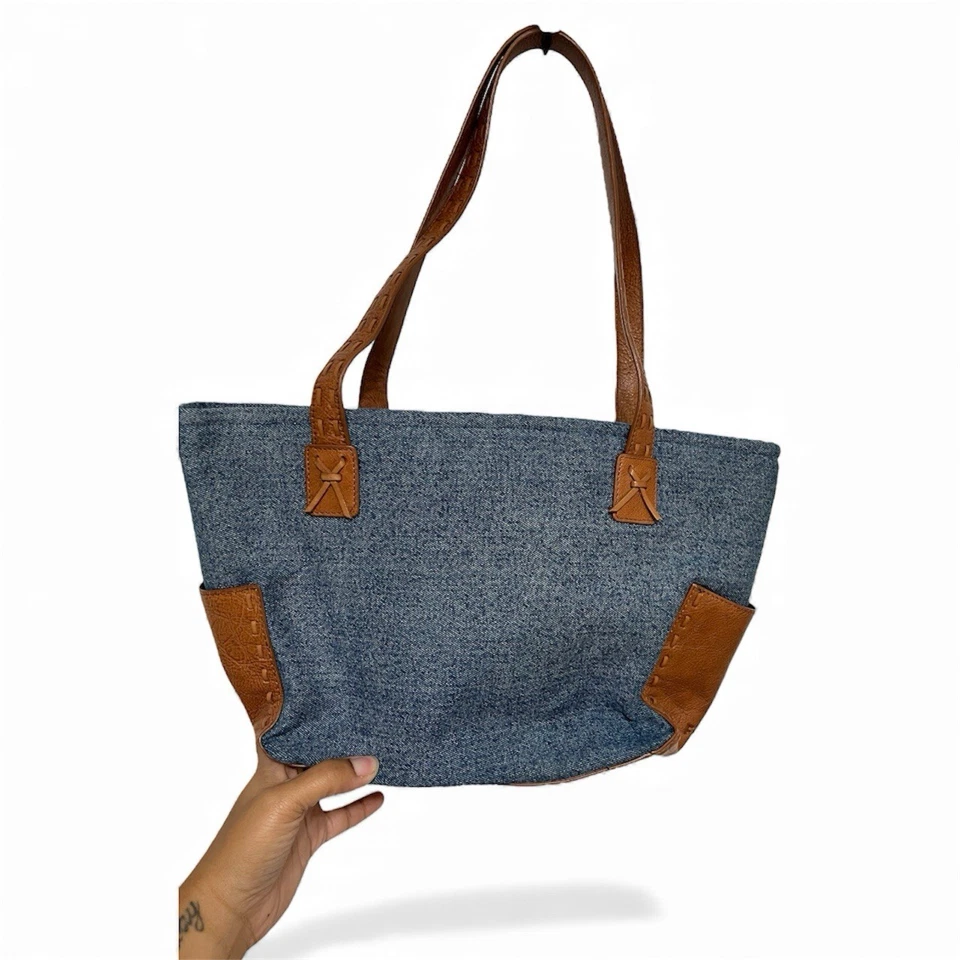 De Colección Fossil Cartera Bolso Cartera Lona Azul Denim Marrón Cuero Asa Superior 14" Foto 4 de 4