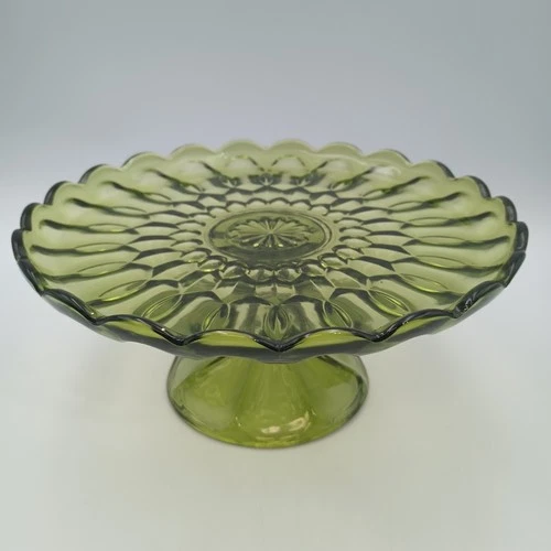 Avocado Green Anchor Hocking Fairfield Pedestal Cake Plate 10” 1970s MCM Vintage