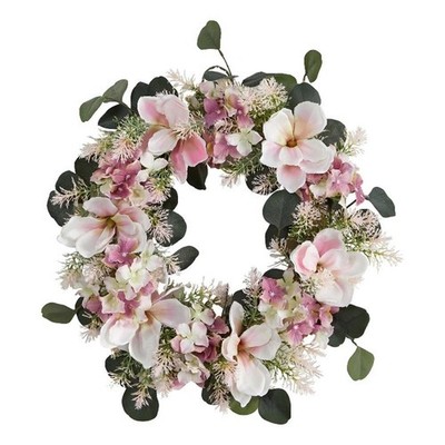 Pemberly Row 20'' Hydrangea and Magnolia Artificial Wreath in Pink