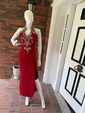 PURE SILK SIZE 4 Red Gold Sequin Trim Beading Bugle Bead Fringe Racer Back Bra