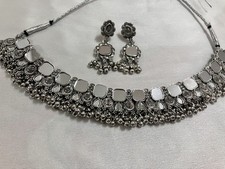 Oxidised Choker Silver Tone Necklace Jhumka Earrings Indian Pakistani Jewellery
