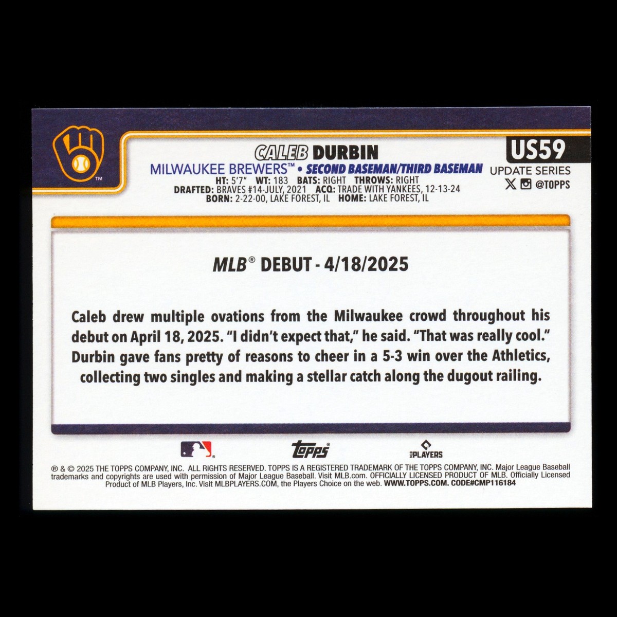Caleb Durbin 2025 Topps Update Rookie Debut Brewers | eBay