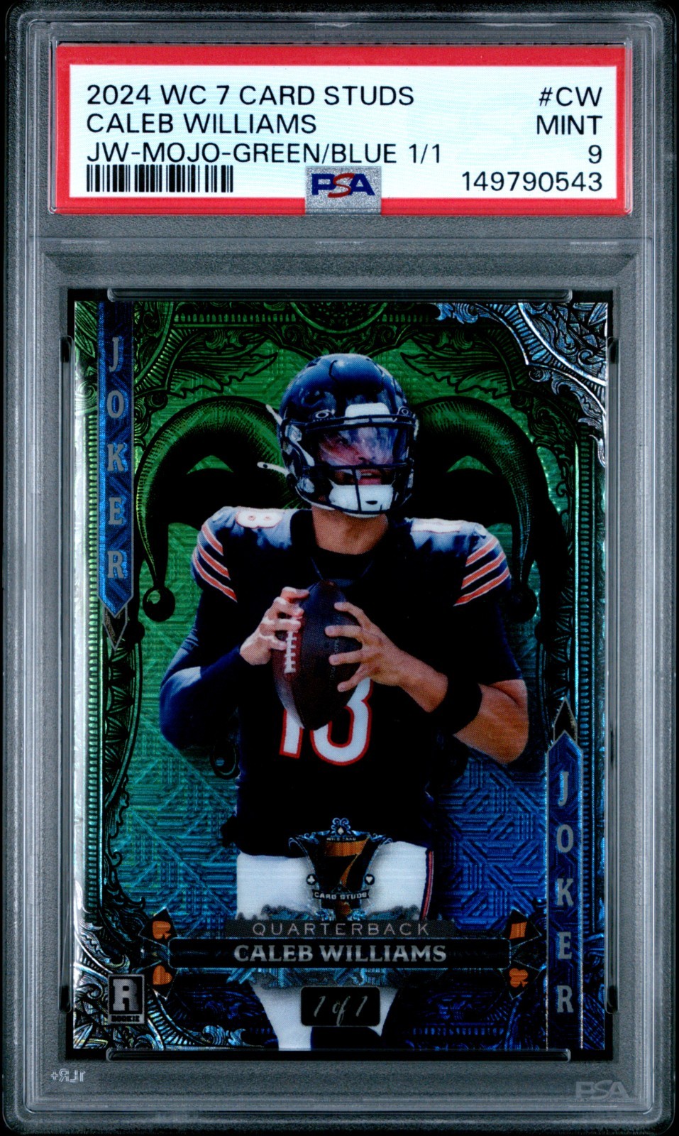 Caleb Williams Wild Card 7 Card Studs Hobby Jokers Wild White #CW Raywave Foil-Green/Blue 1/1