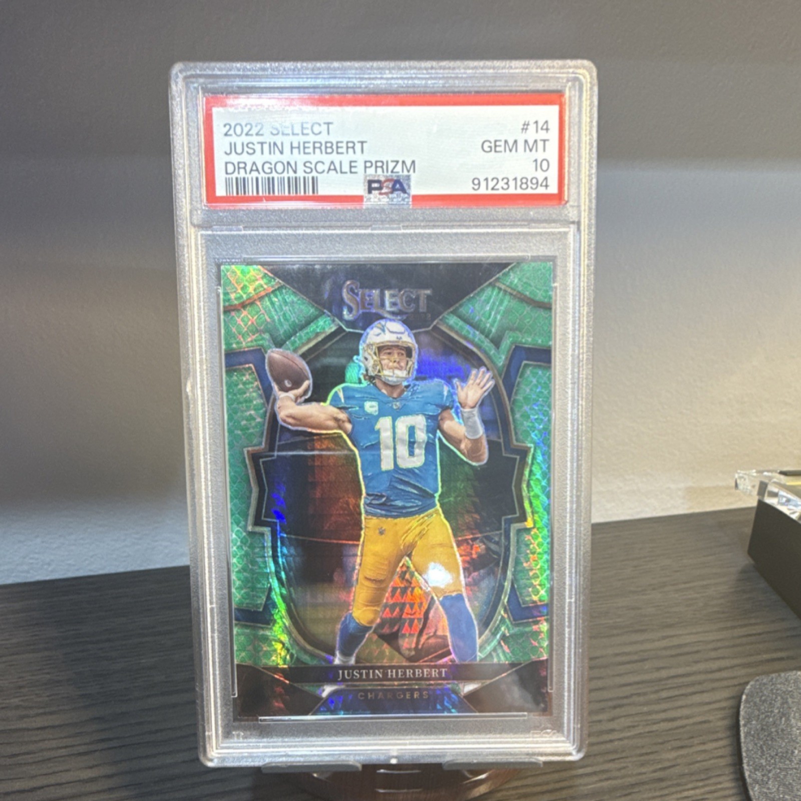 2022 Panini Select Concourse Justin Herbert Dragon Scale Prizm #14 /89 PSA 10
