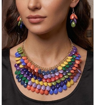 Multi Facet Layers Teardrop Statement Necklace and Earrings Set Multi Color