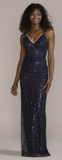 David's Bridal Galina Signature Beaded Sequin V-Neck Sheath Dress Navy Size 6