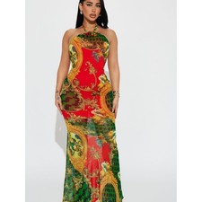 NWT Fiona Mesh Halter Neck Red & Green Baroque Print Maxi Dress