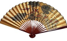 Vintage Mid 20th Century Asian Hand Painted Floral And Birds Wall Fan 52x30 