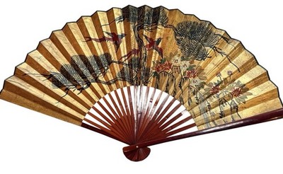 Vintage Mid 20th Century Asian Hand Painted Floral And Birds Wall Fan (52x30)