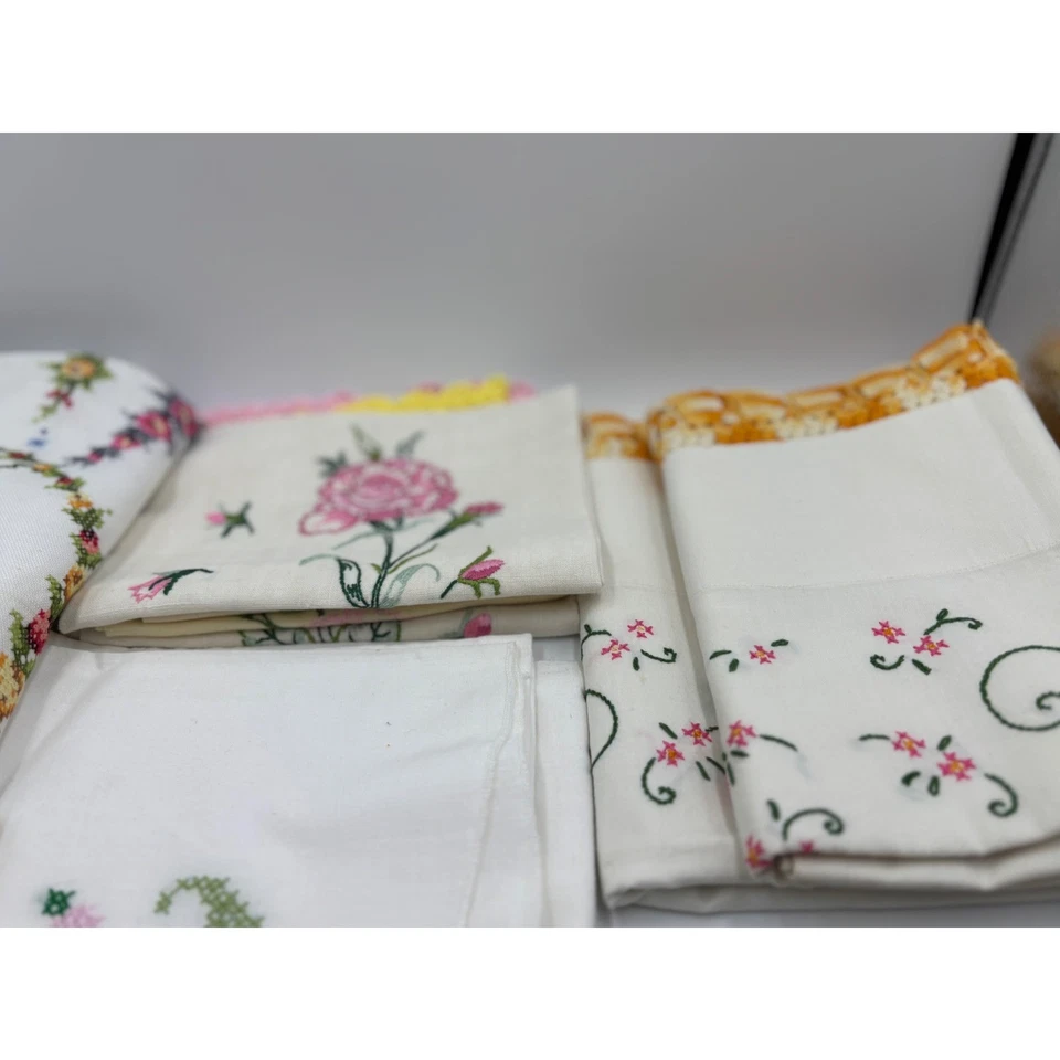 Lote de 2 juegos de fundas de almohada bordadas vintage pañuelos toallero de cocina bache Foto 2 de 4