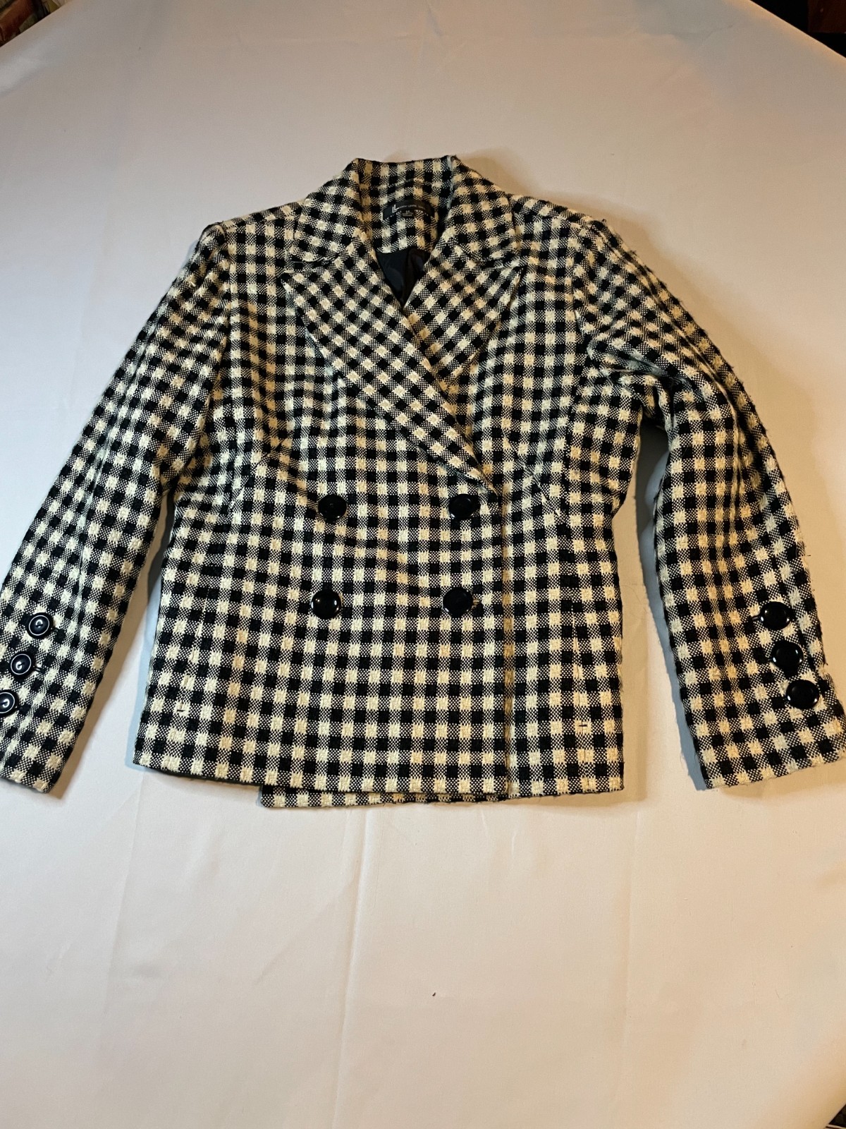 Larry Levine Suits Wool Blazer Jacket Women 14 White Black Check Double Breasted