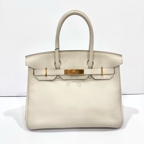 Hermes Birkin 30 Craie Chalk White Togo Leather Gold HW Tote Bag Auth