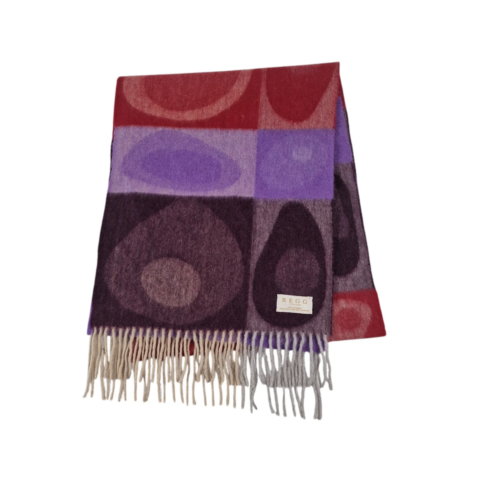 ​BEGG Scotland 100% Cashmere Scarf Purple Red Abstract Fringed Unisex
