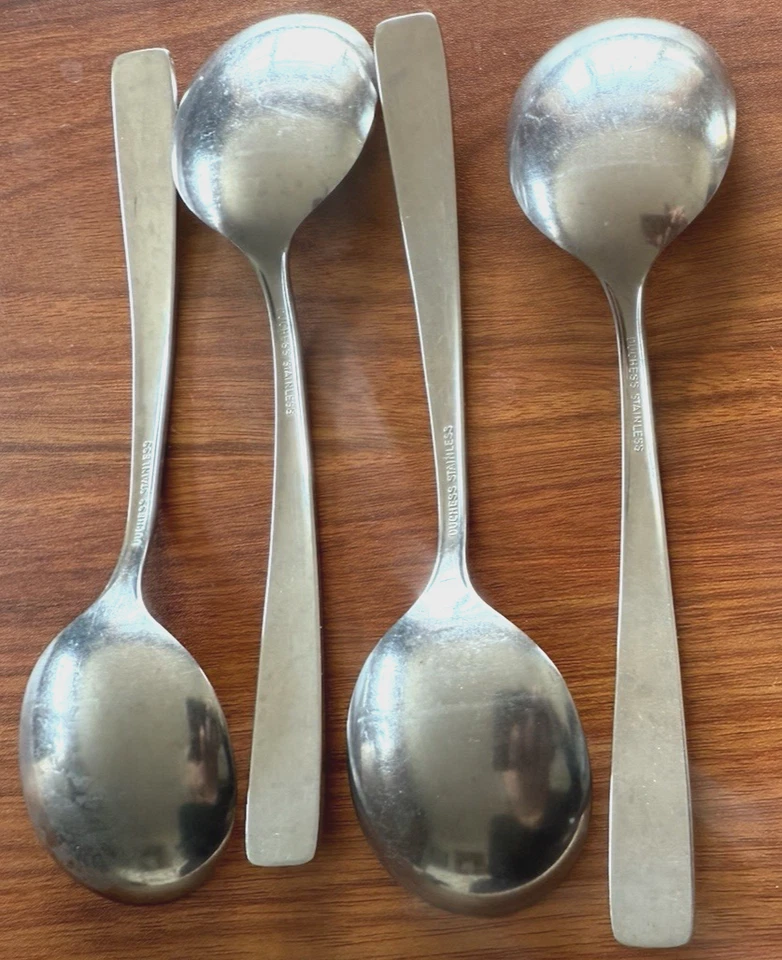 4 Vintage Stainless Soup Spoons Duchess Pattern Flatware Mid Century Modern - Image 2 of 3