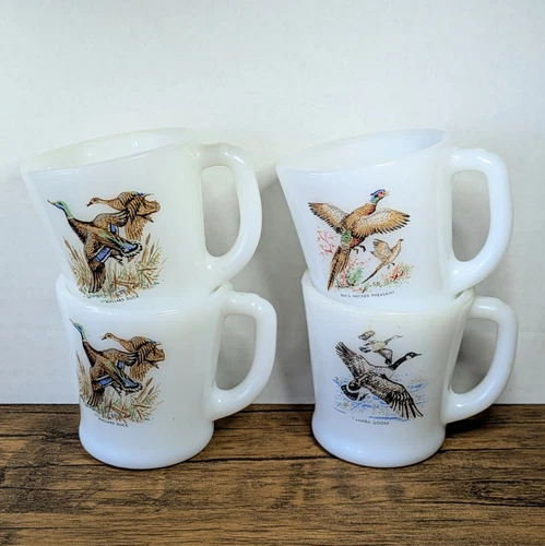 Vintage - Set of 4 Fire King Game Birds Glass Mugs, Duck Pheasant Goose