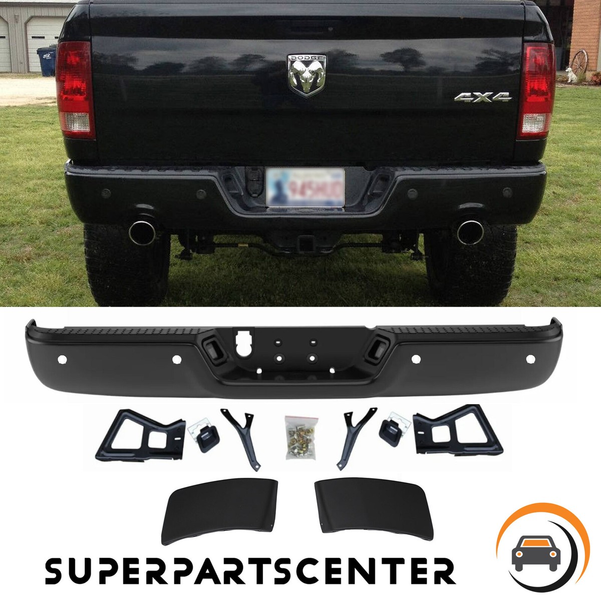 Black Separated Rear Bumper for 09-18 Dodge RAM 1500 w/Sensor