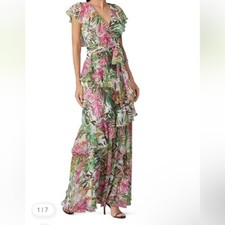 Badgley Mischka Palm Tree Maxi Dress Women's Size 16 Ruffle Sleeve Tie Waist