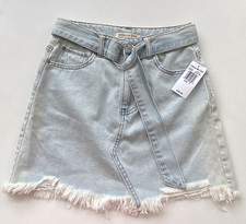VANILLA STAR Light Blue Denim Mini Skirt Belted Distressed Hem Junior Size 1 NWT