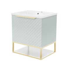 600mm Wall Hung Green Drawers Basin Vanity Brushed Brass Frame & Handle