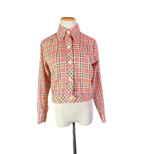 Vintage Laura Mae Life Press Size 34 Cropped Plaid Shirt Button Red
