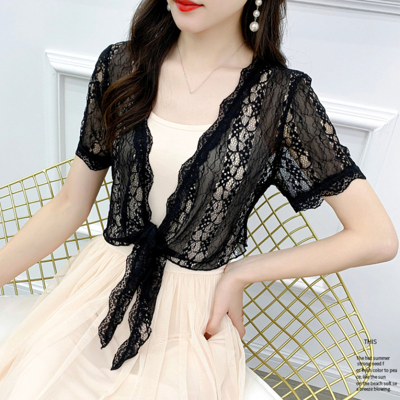 Women Lace Shrug Bolero Hollow Out Crop Top Mesh See Through Cardigan Tie image 5
