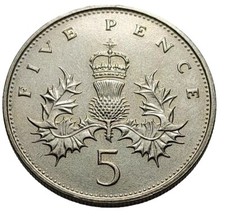 1987 UK 5 Pence Coin – Queen Elizabeth II – Copper-Nickel – British Coin II D309