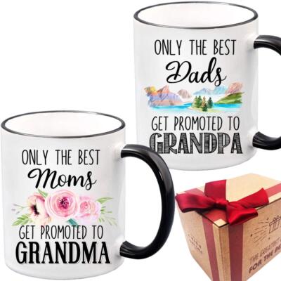 Only the Mom Dad Get Promoted to Grandma and Grandpa Mug Set 11oz Pregnancy a...