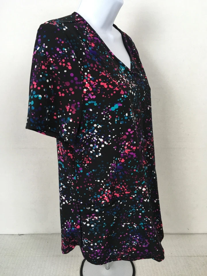 ScrubStar Womens Scrub Top Size S Black w Pink Blue Purple Dots V neck Pockets - Image 4 of 4