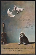 Tarjeta postal vintage Cat Studies Tucks vaca salta sobre la luna