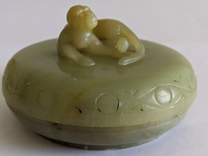 Antique Old Qing Chinese Carved Soapstone Monkey Holding Peach Ink Box Inkwell