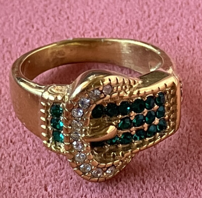 Green and White Austrian Crystal Buckle Ring Stainless Steel Rose Gold Plated