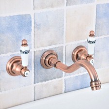 Antique Red Copper 3 Holes Bathroom Dual Handles Sink Faucet Wall Mount Zsf524