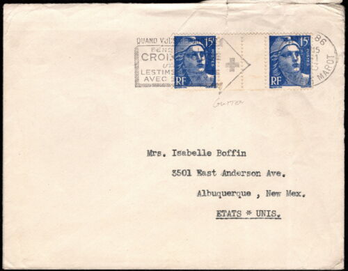 France - Circa 1953 - 15f Ultramarine Marianne Gutter Pair on Cover Front to USA - Afbeelding 1 van 2