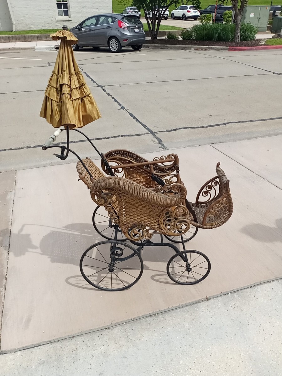 EARLY VICTORIAN WICKER BABY CARRIAGE WITH PARASOL FULL SIZE BABY