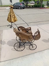 EARLY VICTORIAN WICKER BABY CARRIAGE WITH PARASOL FULL SIZE BABY DOG BUGGY