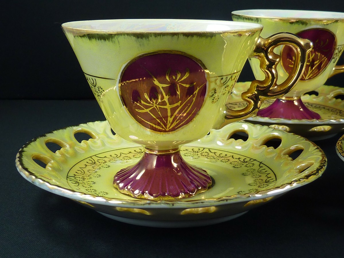 4 Porcelain Maruka Fine China Iridescent Pedestal Tea Cups Saucers